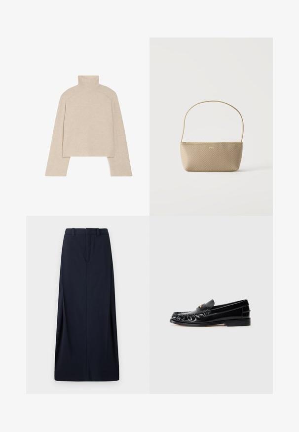 Beige geribbelde coltrui met lange mouwen en een slimfit ontwerp, voorzien van een hoge kraag en een gestructureerd breipatroon.; Navyblauwe lange rok van geweven stof, met een recht model, riemlussen en een verborgen rits. Strakke lijnen en minimalistisch ontwerp.; Zwarte leren instappers met een ronde neus, decoratieve stiksels en een kleine gouden accent op de wreef. Platte rubberen zool, strak design.; Beige geweven handtas met dunne schouderriem en klein gouden "BOSS" logo aan de voorkant, getoond tegen een effen witte achtergrond.