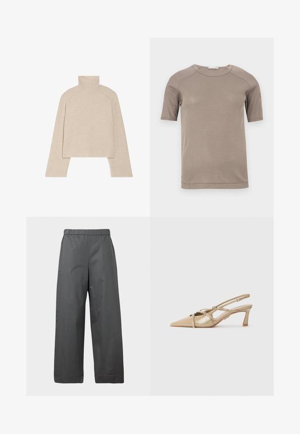 Beige geribbelde coltrui met lange mouwen en een slimfit ontwerp, voorzien van een hoge kraag en een gestructureerd breipatroon.; Beige ribbel T-shirt met korte mouwen en een ronde hals, met zichtbare naden op de mouwen en halslijn, plat liggend op een witte achtergrond.; Donkergrijze wijde broek met elastische tailleband en omgeslagen zomen, weergegeven tegen een neutrale achtergrond.; Beige lakleren slingback-hakken met een spitse neus, verstelbare bandjes en metalen accenten. Mid-height blokhak.