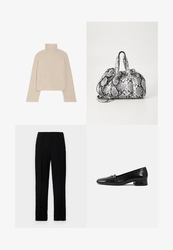 Beige ribbet turtleneck sweater med lange ærmer og en tætsiddende design, der har en høj krave og et tekstureret strikkemønster.; Sorte bukser med lige ben, lavet af et glat stof, med to forreste læg og en ren linning.; Sorte patentlæder balletflade med spids tå, lav firkantet hæl og en lille metallisk spænde detalje på remmen. Glat tekstur.; Håndtaske med sort og hvid slidmønster, to håndtag, snøre lukning og aftagelig skulderrem. Glat tekstur.