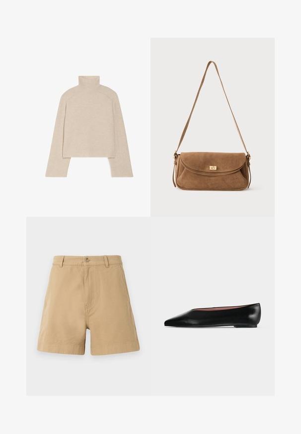 Beige ribbet turtleneck sweater med lange ærmer og en tætsiddende design, der har en høj krave og et tekstureret strikkemønster.; Beige shorts lavet af bomuld, med et klassisk design, der har en frontknaplukning og bæltestropper. Glat tekstur med sidelommer.; Sort damesko i læder med flad hæl og spids tå, vist fra siden på en ensfarvet lys grå baggrund.; Brun ruskind skuldertaske med en lang rem og en gylden rektangulær drejelåslås på den forreste klap mod en ensfarvet baggrund.