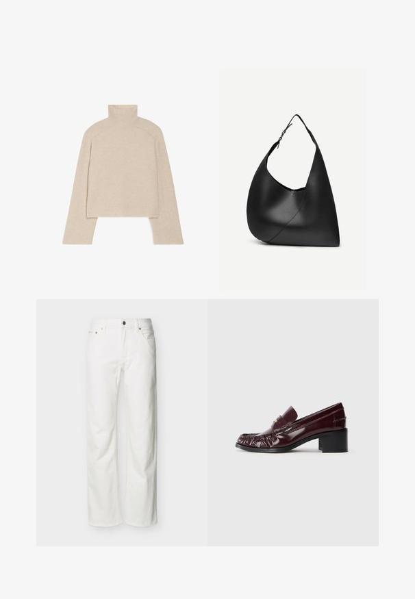 Beige geribbelde coltrui met lange mouwen en een slimfit ontwerp, voorzien van een hoge kraag en een gestructureerd breipatroon.; Witte jeans met rechte pijpen, voorzakken, riemlussen, knoopsluiting en zichtbare stiksels tegen een effen achtergrond.; Bordeaux leren instapper met een ronde neus, geplooide textuur aan de voorkant en een korte zwarte blokhak. Gouden accent op de wreef.; Zwarte leren schoudertas met gebogen driehoekige vorm, enkele verstelbare riem en zichtbare diagonale naad aan de voorkant.