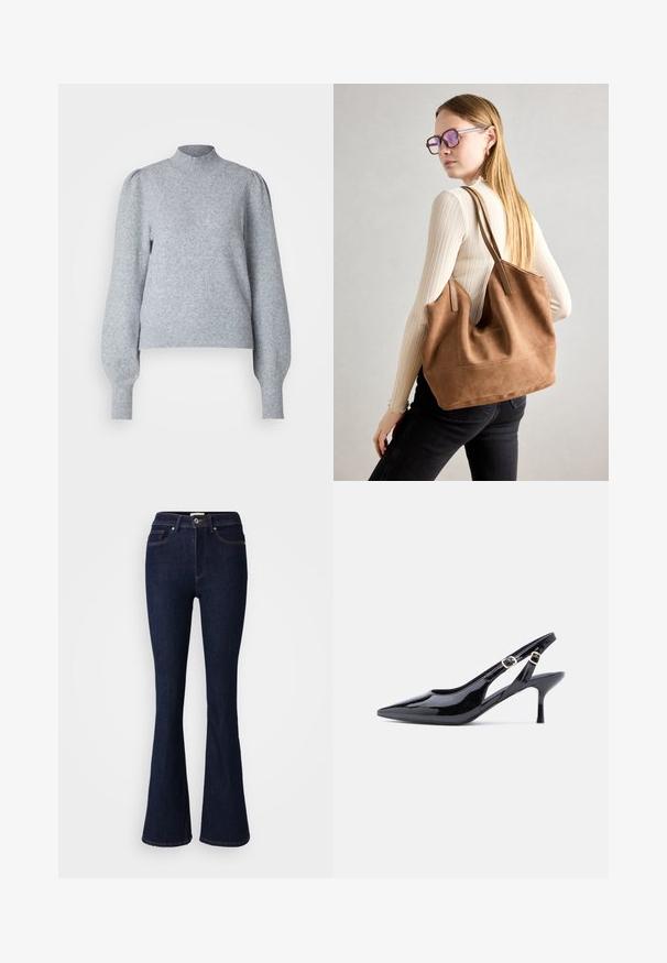Lys grå pullover med høj hals, lange puffærmer og ribbede manchetter og nederkant. Fremstillet af blødt, tekstureret stof.; Vidde mørkeblå denimjeans med høj talje, knaplukning samt for- og baglommer. Glat tekstur med kontrasterende syningsdetaljer.; Sort laklæderslingbacksko med spids tå, justerbar rem med spænde og en slank, høj hæl. Har åbent sidestykke med udskæring.; Brun ruskind tote taske med blød tekstur, stor åbning og lange stropper. Har et enkelt design med synlige syninger og ingen hardware.