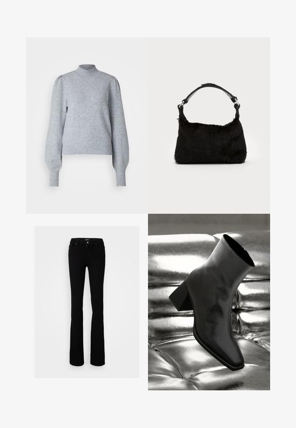 Lys grå pullover med høj hals, lange puffærmer og ribbede manchetter og nederkant. Fremstillet af blødt, tekstureret stof.; Sorte stræk denim flared jeans med knaplukning, fire lommer og en glat overflade, designet til en tætsiddende silhuet.; Sorte ankelstøvler lavet af glossy materiale med firkantet tå og spidse hæle, sat mod en skinnende sølv tuftet baggrund.; Sort faux fur håndtaske med en blød tekstur, rund form og en robust skulderrem i sort læder. Synlige sølvhardware-detaljer.