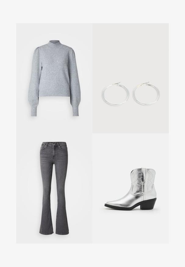 Lys grå pullover med høj hals, lange puffærmer og ribbede manchetter og nederkant. Fremstillet af blødt, tekstureret stof.; Grå flagrende jeans med høj talje, knaplukning, fem lommer og subtile stikninger. Fremstillet af denim med en glat tekstur.; Sølvfarvede læder cowboy-støvler med spidse tæer, syede detaljer på skaftet og en moderat sort hæl. Glat og skinnende overflade.; Par skinnende sølvøreringe med tynde trådlåse, vist på en lys grå baggrund.
