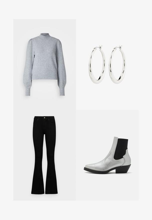 Lys grå pullover med høj hals, lange puffærmer og ribbede manchetter og nederkant. Fremstillet af blødt, tekstureret stof.; Sorte højtaljede jeans med knap- og lynlåslukning, forlommer og flagrende ben, lagt fladt på en hvid baggrund.; ONLY SHOES ONLBRONCO SHORT - Cowboy- / bikerstøvlette - silver; Sølvøreringe i form af hoops med en glat, blank finish. Cirkulær form, der har en sikker lås. Simpelt og elegant design.