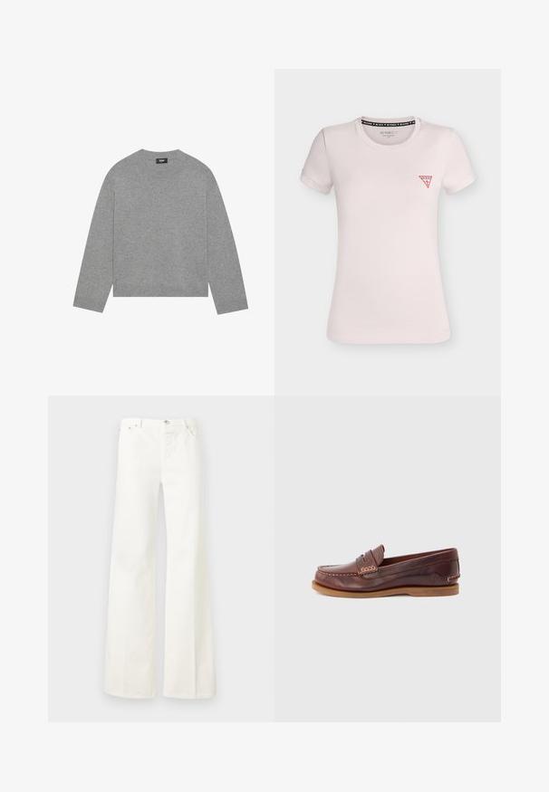 Grå strikket sweater med lange ærmer, rund halsudskæring og ribbet kant. Fremstillet af blødt materiale, har et minimalistisk design uden mønstre.; Lyserød tætsiddende T-shirt med korte ærmer, rund halsudskæring og lille rødt Guess trekantet logo på venstre bryst.; Hvide bukser med høj talje og vide ben, lukket foran med knap og lynlås, bæltestropper og sidelommer, vist mod en ensfarvet baggrund.; Brun læder penny loafer med syningsdetaljer og tan gummisål, set fra siden.