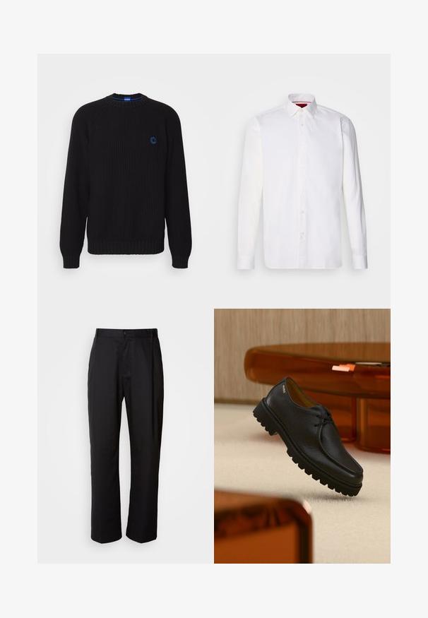 Pull en maille noir avec un col rond, des poignets et un ourlet côtelés, arborant un logo bleu sur la poitrine. Texture lisse, coupe décontractée.; Chemise blanche à manches longues en coton, avec un col classique, une patte de boutonnage à l'avant et une texture lisse. Détail rouge à l'intérieur du col.; Pantalon noir à coupe droite, en tissu léger. Il dispose d'une fermeture à bouton sur le devant et de deux poches latérales ; texture lisse.; Chaussure à lacets en cuir noir texturé avec une semelle épaisse à rainures, marquée "HUGO" près du talon, présentée sur un tapis beige et un mobilier ambre.