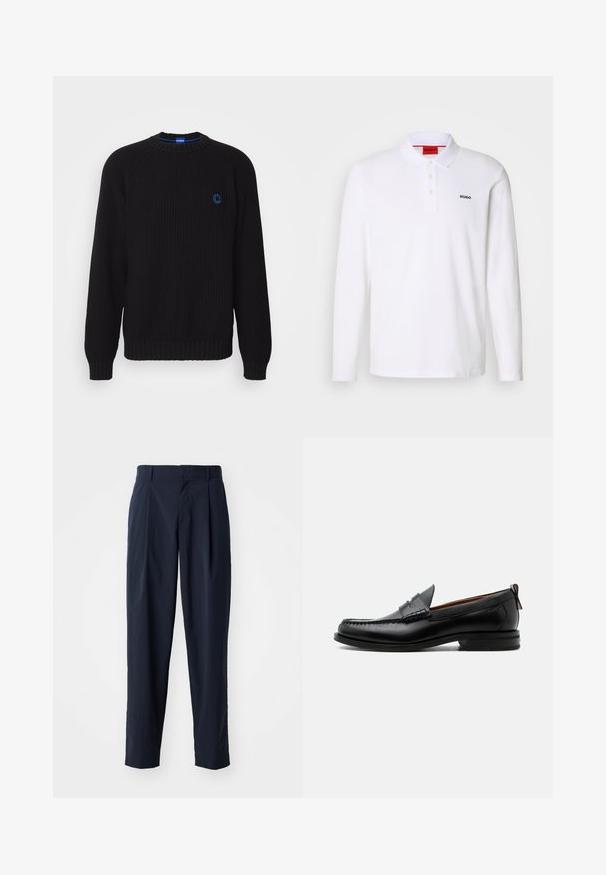Pull en maille noir avec un col rond, des poignets et un ourlet côtelés, arborant un logo bleu sur la poitrine. Texture lisse, coupe décontractée.; Polo-shirt blanc à manches longues en coton avec un col, une patte de boutonnage à trois boutons et un logo noir "HUGO" sur la poitrine gauche.; Pantalon ajusté bleu marine avec une coupe droite, doté d'un devant plis, de passants de ceinture et d'une texture lisse.; Mocassin homme en cuir noir avec couture moc toe, bride penny, col texturé et petit talon empilé sur fond blanc.