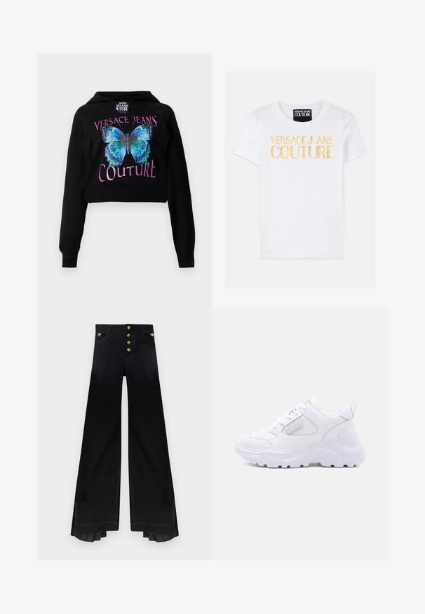 Sort cropped hoodie med et blåt sommerfuglegrafik med grønne detaljer. Teksten "VERSACE JEANS COUTURE" står i metallisk pink. Blød tekstur.; Hvid bomulds T-shirt med iøjnefaldende gul tekst, der står "VERSACE JEANS COUTURE" på fronten. Klassisk crew neck-design, korte ærmer.; Højtaljede sorte bukser med vide ben, fem guldknapper og plisserede detaljer inde i kanten.; Hvid chunky sneaker med tyk tekstureret sål, snørelukning foran og diskret guldfarvet "Tommy Jeans"-logo på sidepanelet og tungen.