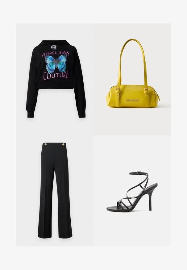 Mustat lyhyt cropped-huppari, jossa on sininen perhosta kuvaava graafinen printti vihreillä yksityiskohdilla. Teksti "VERSACE JEANS COUTURE" metallinhohtoisella vaaleanpunaisella. Pehmeä pinta.; Mustat korkeavyötäröiset leveälahkeiset housut, joissa on etusaumat ja kaksi kultakuvioista nappia vyötäröllä, valkoista taustaa vasten.; Musta korkokenkä sandaali ohuilla nauhoilla, nilkkakannalla, sileällä nahkapinnalla ja hoikalla stiletto-korkealla.; Keltainen keinonahkainen käsilaukku, jossa on kaksi olkahihnaa, suorakulmainen muoto, kultaiset metalliosat ja etupuolella kohokuvioitu logo.