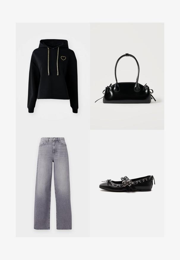 Sort cropped hættetrøje med en frontlomme, prydet med en guldfarvet hjertebrodering og skinnende guld snore. Lavet af blødt, tekstureret stof.; Højtaljede, vide jeans i lysegrå denim. Har et klassisk fem-lomme design, diskret fading og en metalknaplukning.; Sort flad balletsko med dobbelt spænde, sølvøjer og en lille sløjfe nær den runde tå på en hvid baggrund.; Lille sort blank håndtaske med to lange håndtag og snøre-detaljer i siden på en ensfarvet lys baggrund.
