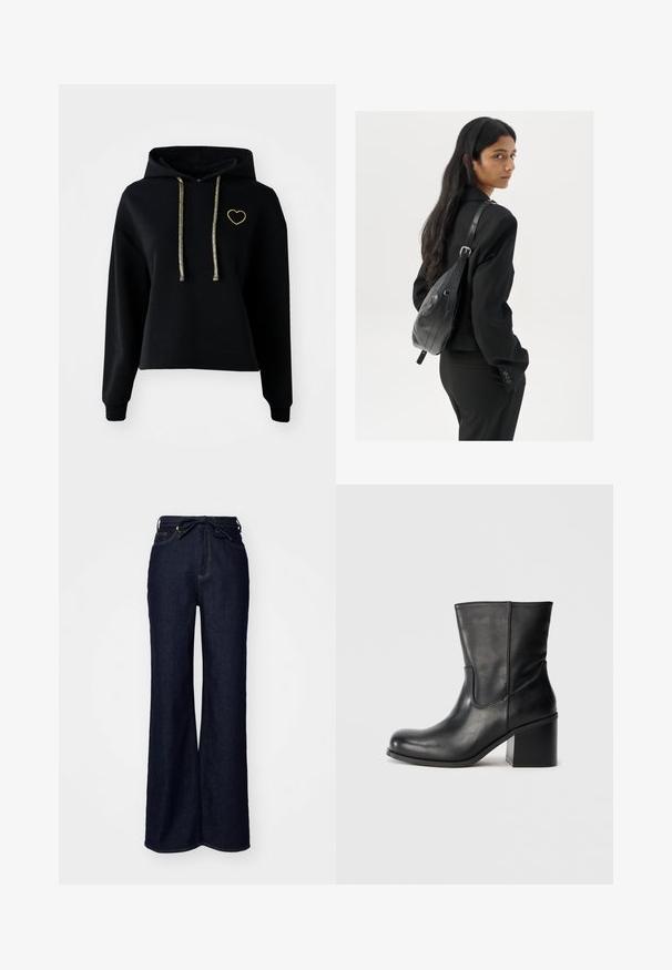 Sort cropped hættetrøje med en frontlomme, prydet med en guldfarvet hjertebrodering og skinnende guld snore. Lavet af blødt, tekstureret stof.; Mørkeblå brede bukser lavet af denim, med høj talje, forlommer og en bindebåndslukning i taljen.; Sort læderankelstøvle med rundet tå, sidesømme og en chunky blokhælk. Glat tekstur og minimalistisk design.; Kvinde med langt, mørkt hår iført en sort dragt, bærende en sort læder skuldertaske, som ser over sin skulder mod en hvid baggrund.