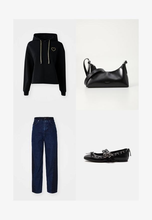 Must musta cropped kapuutsiga, millel on eesmine tasku, millel on kuldne süda tikand ja läikivad kuldsed nöörid. Valmistatud pehmest, tekstuurilisest kangast.; Tumedan sinise tooni denim püksid, mis on lõdva lõikega ja millel on kontrastne tumedam külgpaneel, viis taskut ja nööpidega sulgemine.; Mustad tasase tallaga baleriinsaabas topelt pandlakihtide, hõbedaste silmaaugude ja väikese paelaga ümarate varvaste juures valgel taustal.; Mustmust nahkaga kott sileda tekstuuriga. Omab reguleeritavat rihma ja sujuvat, minimalistlikku disaini, millel on lukuga sulgemine.