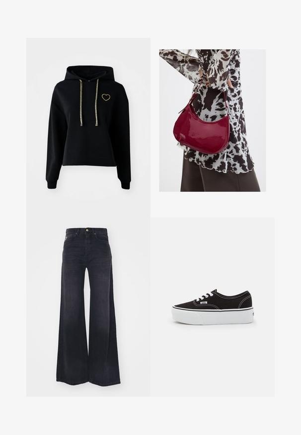 Schwarze, verkürzte Kapuzenpullover mit einer Vorderasche, ausgestattet mit einer goldenen Herzstickerei und glänzenden goldenen Kordeln. Hergestellt aus weichem, strukturiertem Stoff.; Schwarze Jeans mit hoher Taille und weitem Bein, vorn mit Knopf und Reißverschluss sowie im Fünf-Taschen-Stil.; Schwarze Leinensneaker mit einer weißen Gummiplattformsohle, weißen Schnürsenkeln und Nähten, ikonischer Markenaufdruck an der Seite, im Low-Top-Design.; Frau trägt eine schwarz-weiß gemusterte Bluse und hält eine glänzende rote Schultertasche vor einem einfarbigen Hintergrund.
