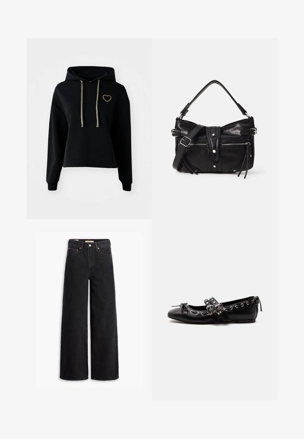 Zwarte cropped hoodie met een voorzak, voorzien van een gouden hartborduursel en glanzende gouden trekkoorden. Gemaakt van zachte, geweven stof.; Zwarte brede jeans gemaakt van denim, met vijf zakken, koperen klinknagels en een klassieke knoopsluiting. Glad van textuur met een strakke uitstraling.; Zwarte platte balletschoen met dubbele gespsluitingen, zilveren oogjes en een klein strikje nabij de afgeronde neus op een witte achtergrond.; Even&Odd by Zalando H24462 - Handtas - black