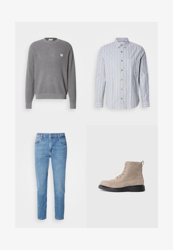 Suéter de punto gris de manga larga con textura acanalada y pequeño parche cuadrado del logo CK en el lado izquierdo del pecho, cuello redondo.; Camisa de manga larga a rayas azul claro con cuello abotonado, bolsillo frontal y tela texturizada. Presenta rayas verticales blancas en contraste.; Vaqueros de mezclilla azul claro con corte recto, diseño de cinco bolsillos y un sutil desgastado. Presentan un cierre de botón y pasadores para cinturón.; Botines de ante beige con suela de goma negra, diseño con cordones y un pequeño logotipo grabado en el lateral, que cuenta con una lengüeta en la parte posterior.