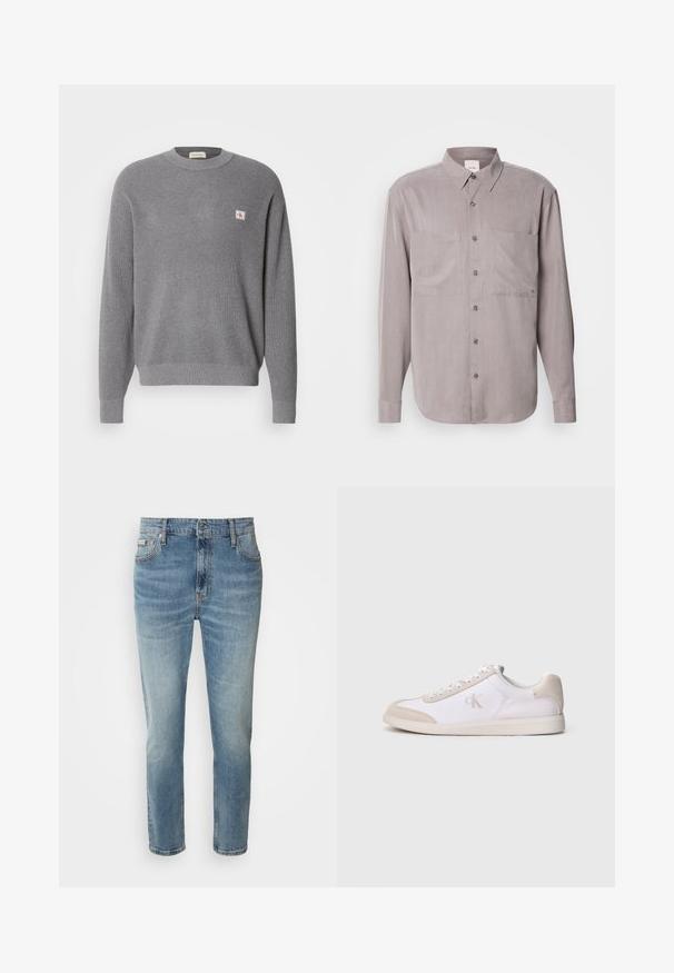 Suéter de punto gris de manga larga con textura acanalada y pequeño parche cuadrado del logo CK en el lado izquierdo del pecho, cuello redondo.; Camisa de manga larga abotonada en tejido gris apagado, con dos bolsillos en el pecho, un cuello clásico y cierres de botón en tono. ; Vaqueros de mezclilla azul claro con corte recto, cinco bolsillos y un ligero desgaste. Cuentan con un cierre de botón y cremallera, así como una cinturilla clásica.; Zapatilla baja blanca y beige con cordones en la parte delantera, detalles de ante y logotipo "cK" en el lateral, mostrada de perfil sobre un fondo llano.