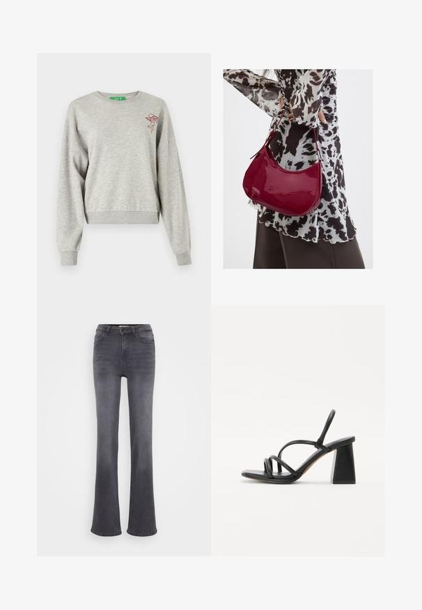 Lichtgrijze cropped sweatshirt van zacht materiaal, met lange mouwen, geribbelde manchetten en een klein rood geborduurd cherubijnontwerp op de borst.; Grijze flared jeans van denim, met een hoge taille, vijf zakken en een knoopsluiting. Soepele textuur met subtiele vervagingsdetails.; Zwarte hoge sandaal met een vierkante, chunky hak, voorzien van meerdere dunne banden over de voet en een open achterkant. Gladde leren textuur.; Vrouw met een zwart-wit gebloemde blouse houdt een glanzende rode schoudertas vast tegen een effen achtergrond.