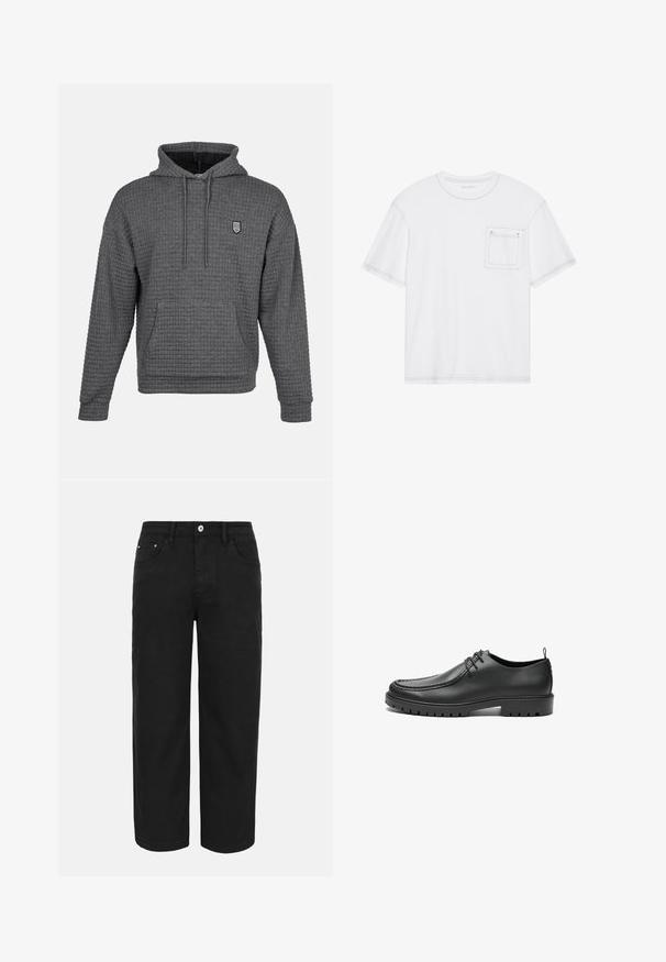 Hoodie gris avec un design texturé en tricot gaufré. Il présente une poche avant, une capuche réglable avec cordon de serrage et un petit logo brodé.; T-shirt en coton blanc à manches courtes, col rond et poche poitrine. Présente des coutures contrastantes le long des bords.; Pantalon noir droit avec fermeture avant par bouton et zip, passants de ceinture et trois poches avant sur un fond clair uni.; Chaussures en cuir noir avec une finition lisse, bout arrondi et coutures décoratives. Elles possèdent une semelle en caoutchouc avec des rainures de traction et un laçage.