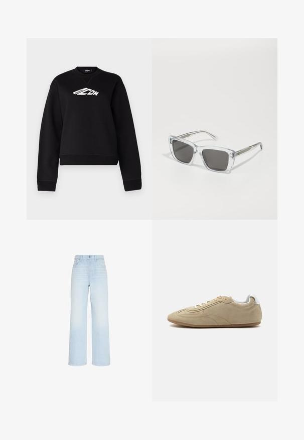 Sweatshirt noir avec un col rond, des manches longues et un design de logo blanc sur la poitrine. Fabriqué à partir d'un tissu doux et texturé.; Jean large taille haute bleu clair avec fermeture boutonnée et zippée devant, passants de ceinture, poches avant et arrière.; Baskets décontractées en daim beige avec lacets blancs, col de talon rembourré blanc et semelle en caoutchouc marron clair, vues de profil.; Lunettes de soleil à monture transparente avec des verres foncés, de forme carrée, branches métalliques et accents texturés sur les tempes, sur fond blanc.