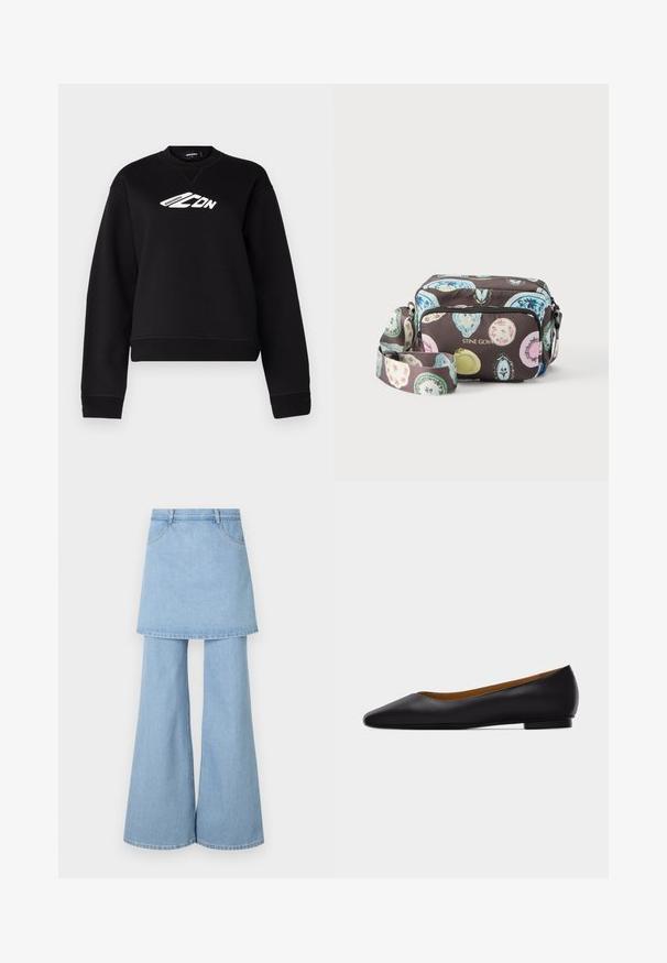 Sweatshirt noir avec un col rond, des manches longues et un design de logo blanc sur la poitrine. Fabriqué à partir d'un tissu doux et texturé.; Haut à plusieurs pattes en denim, doté d'un tissu bleu clair, avec des jambes évasées et des détails de couture visibles. Conçu avec des poches avant et une ceinture.; Chaussure plate en cuir noir à bout pointu avec talon bas et finition lisse, vue de côté sur un fond gris clair.; Sac bandoulière avec motifs ovales colorés sur fond sombre, poche avant zippée et bandoulière réglable, marqué "STINE GOYA" en lettres dorées.