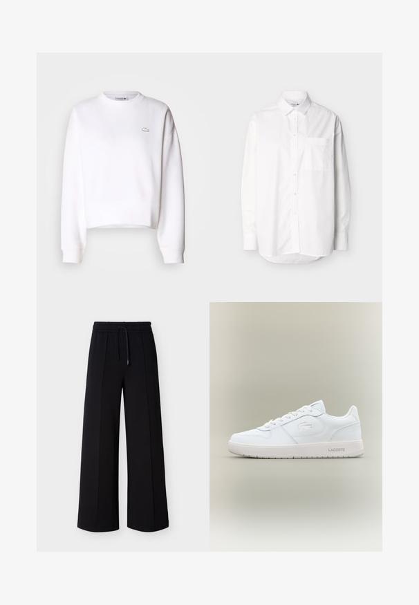 Weißer Cropped-Sweatshirt aus Baumwollmischung, mit Rundhalsausschnitt, langen Ärmeln, gerippten Bündchen und kleinem Lacoste-Logo auf der Brust.; Weißes, langärmliges Hemd mit Knopfleiste, vorne aufgesetzter Tasche und klassischem Kragen, vor einem schlichten hellen Hintergrund dargestellt.; Schwarze Hose mit weitem Bein aus weichem Stoff, ausgestattet mit einem elastischen Bund mit Kordelzug und Seitennähten für eine lockere Passform.; Weiße Ledersneaker mit glatter Oberfläche, runder Zehenpartie, Schnürsenkeldesign und einem dezent geprägten Logo an der Seite. Verfügt über eine Gummisohle.