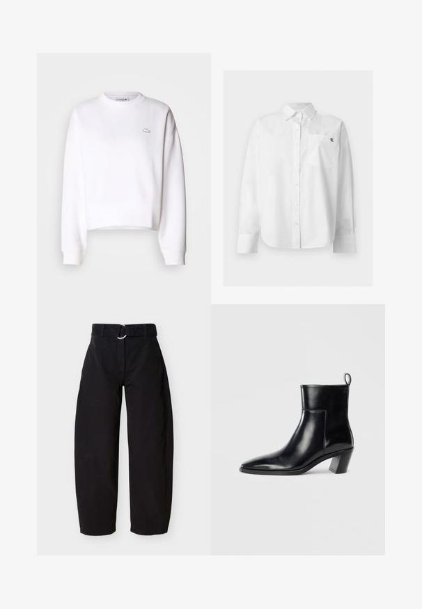 Witte cropped sweatshirt, van een katoenmix, met een ronde hals, lange mouwen, ribgebreide manchetten, featuring een klein Lacoste-logo op de borst.; Wit overhemd met lange mouwen en knopen, puntkraag en voorzak met klein zwart "CK"-logo op de linkerborst.; Zwarte broek met wijde pijpen, gemaakt van katoen, voorzien van een lusriem met een metalen ring en zijzakken. Glad oppervlak met een minimalistisch ontwerp.; Zwarte leren enkelboot met een spitse neus, een geometrische gestapelde hak en een trekband aan de achterkant. Gladde textuur en slank ontwerp.