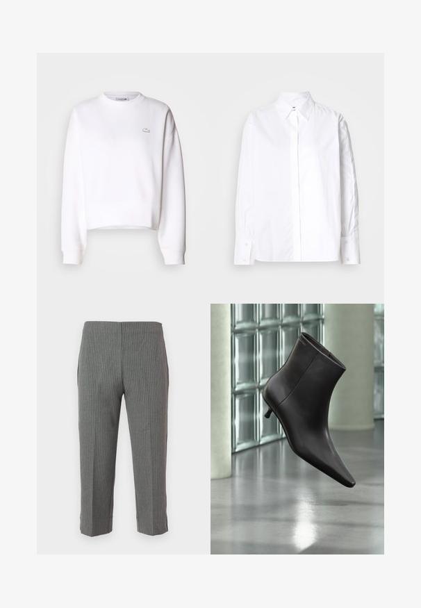 Hvid cropped sweatshirts, bomuldsblanding, rund halsudskæring, lange ærmer, ribbede manchetter, med et lille Lacoste-logo på brystet.; Hvid skjorte med klassisk krave, lange ærmer og manchetter. Fremstillet af glat stof, den har en midt foran placket.; Grå stribede bukser med en tapered design, der har en glat overflade og en cropped længde. Ingen synlige lukninger eller lommer.; Sort læderankelstøvle med spids tå og lille hæl vist mod en væg af glasblokke og poleret gulv baggrund.