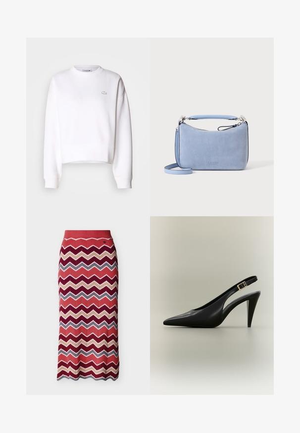Hvid cropped sweatshirts, bomuldsblanding, rund halsudskæring, lange ærmer, ribbede manchetter, med et lille Lacoste-logo på brystet.; Strikket midi-nederdel med zigzag-mønster i koral, bordeaux, beige og grå nuancer, med en tætsiddende talje og bølget kant.; Sort læder slingback med spids tå, høj hæl, guldlås og tilspidset hæl på en neutral baggrund.; Blød blå ruskind lille håndtaske med tophåndtag og aftagelig skulderrem på en ensfarvet hvid baggrund.