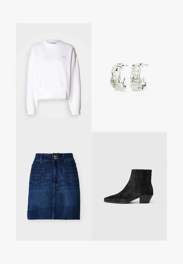 Weißer Cropped-Sweatshirt aus Baumwollmischung, mit Rundhalsausschnitt, langen Ärmeln, gerippten Bündchen und kleinem Lacoste-Logo auf der Brust.; Dunkelblauer Jeansrock mit vorderen Taschen, doppelter Knopfverschluss, Gürtelschlaufen und sichtbaren Nähten, flach auf einem weißen Hintergrund liegend.; Schwarze Knöchelstiefel mit spitzem Zehen, strukturiertem haarähnlichem Material, geripptem Seitenpaneel und niedrigem Blockabsatz. Schlichtes und modernes Design.; Silberne Creolen in Form von Fröschen, mit einer polierten Oberfläche und detaillierten Texturen sowie Konturen im Metalldesign.