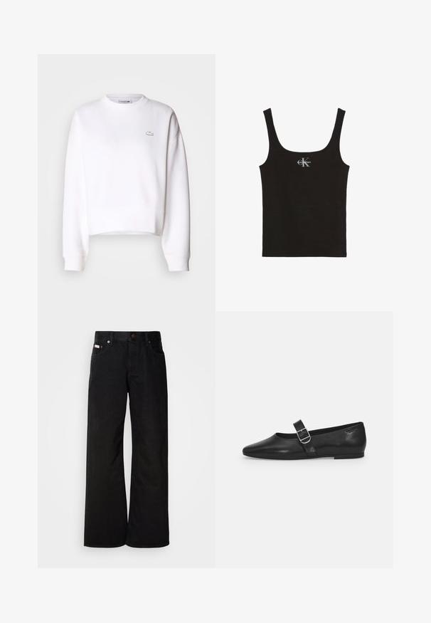 Hvid cropped sweatshirts, bomuldsblanding, rund halsudskæring, lange ærmer, ribbede manchetter, med et lille Lacoste-logo på brystet.; Sort bomulds tanktop med rund halsudskæring og brede skulderstropper. Har et lille trykt "Calvin Klein"-logo på forsiden.; Sorte breddebenede jeans lavet af bomuld. Har forlommer, en knaplukning og en klassisk denimtekstur. Minimalistisk design uden mønstre.; Sorte læder flade sko med rund tå, et enkelt justerbart spænde og en glat, blank overflade. Minimalistisk design med en lav hæl.