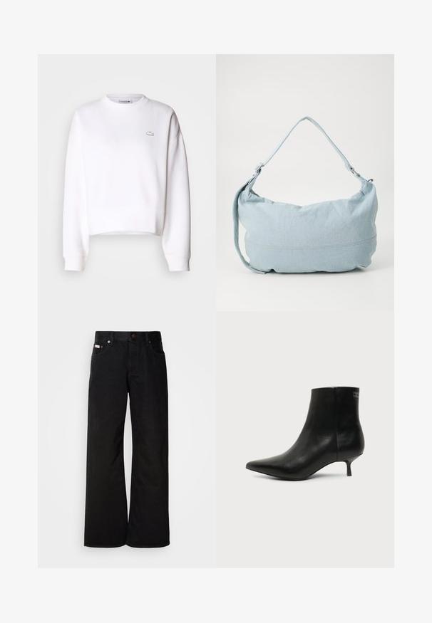 Sweatshirt blanc court, en mélange de coton, col rond, manches longues, poignets côtelés, avec un petit logo Lacoste sur la poitrine.; Jean large noir en coton. Présente des poches avant, une fermeture à bouton, et une texture denim classique. Design minimaliste sans motifs.; Bottine en cuir noir avec bout pointu et petit talon kitten sur fond clair, vue côté extérieur.; Sac à dos en denim bleu clair de forme arrondie, avec une bandoulière ajustable et un subtil détail de couture le long du bas. Texture douce.