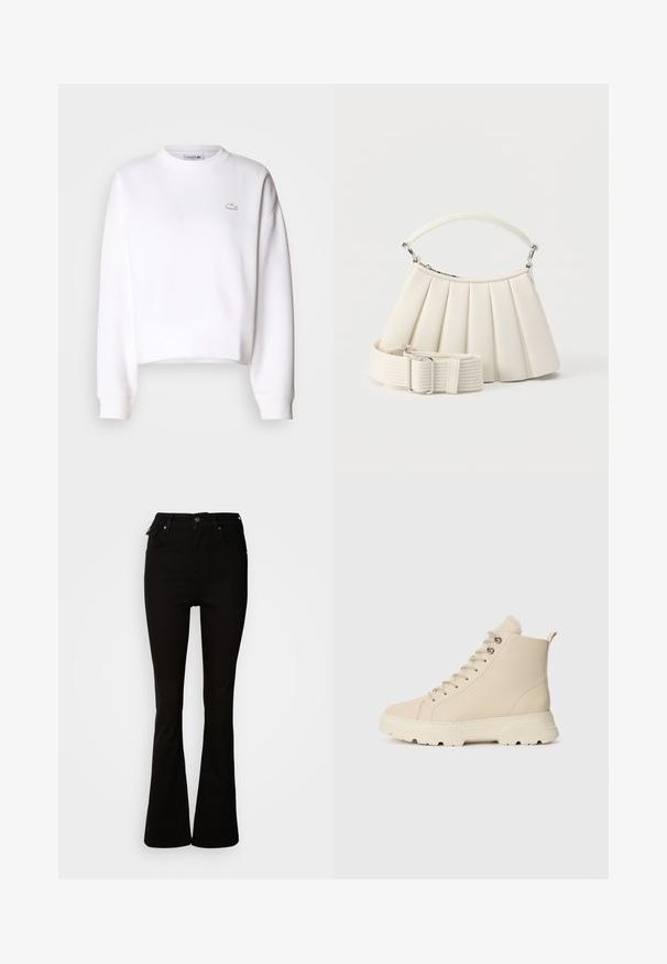 Witte cropped sweatshirt, van een katoenmix, met een ronde hals, lange mouwen, ribgebreide manchetten, featuring een klein Lacoste-logo op de borst.; Zwarte flared jeans van denim, met een hoge taille, voorzakken en een klassiek vijf-pocket ontwerp met metalen accenten.; Beige hoge sneakers met een gestructureerde leren bovenkant, ronde neus, vetersluiting en een dikke, robuuste zool. Achterste trekband voor eenvoudig aan- en uittrekken.; Witte geplooide handtas met korte handgreep en een brede afneembare schouderriem met zilveren gesp.