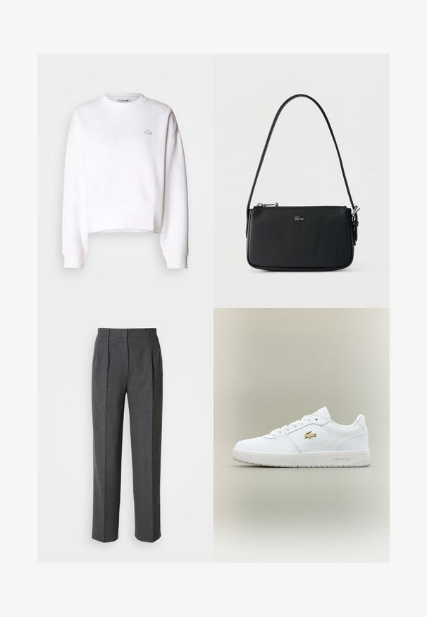 Weißer Cropped-Sweatshirt aus Baumwollmischung, mit Rundhalsausschnitt, langen Ärmeln, gerippten Bündchen und kleinem Lacoste-Logo auf der Brust.; Graue maßgeschneiderte Hose aus strukturiertem Stoff. Sie hat eine hohe Taille, vordere Falten und weite Beine mit geradem Schnitt.; Weiße Ledersneaker mit einem Low-Top-Design, runder Zehenpartie, Schnürverschluss und einem goldenen Lacoste-Logo-Akzent an der Seite.; Schwarze Schultertasche mit strukturierter Oberfläche, silbernem Reißverschluss und kleinem silbernem Krokodil-Logo auf der Vorderseite vor einfarbigem Hintergrund.