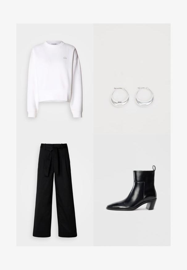 Weißer Cropped-Sweatshirt aus Baumwollmischung, mit Rundhalsausschnitt, langen Ärmeln, gerippten Bündchen und kleinem Lacoste-Logo auf der Brust.; Schwarze weit geschnittene Hose mit belted Taille, die ein sauberes Design und eine glatte Textur aufweist, gefertigt aus einem langlebigen Stoff.; Schwarze Leder-Ankleboots mit spitzem Zeh, geometrischem Blockabsatz und einem Zugband hinten. Glatte Textur und elegantes Design.; Silberne Creolen mit glänzender Oberfläche und DKNY-Logo, vor einem schlichten weißen Hintergrund präsentiert.