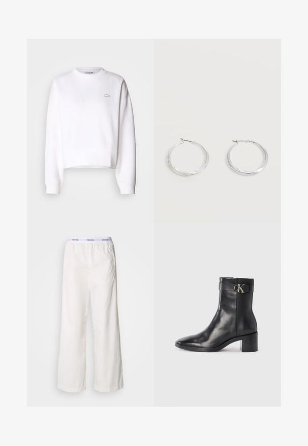 Hvid cropped sweatshirts, bomuldsblanding, rund halsudskæring, lange ærmer, ribbede manchetter, med et lille Lacoste-logo på brystet.; Hvide brede bukser med elastisk talje og et kontrasterende Calvin Klein-logo. Fremstillet af glat stof, giver de en afslappet pasform.; Sort læder ankelstøvle med spids tå, blokhæl og en rem med en metallisk logo detalje. Glat tekstur og minimalistisk design.; Sølvfarvede metaloorringe med glat, let buet overflade og låsemekanisme på en ensfarvet hvid baggrund.
