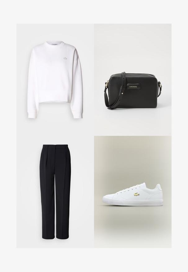 Witte cropped sweatshirt, van een katoenmix, met een ronde hals, lange mouwen, ribgebreide manchetten, featuring een klein Lacoste-logo op de borst.; Zwarte, op maat gemaakte rechtgesneden broek met plooien aan de voorkant, lussen voor een riem en een verborgen sluiting aan de voorkant, tegen een witte achtergrond.; Witte sneaker van glad leer met een ronde neus, platte veters en een klein gouden logo. Heeft een gestructureerde rubberen zool en een eenvoudig ontwerp.; Zwarte leren schoudertas met een ritsluiting, gouden hardwaren en een logo patch aan de voorkant. Heeft een verstelbare strap voor veelzijdig gebruik.