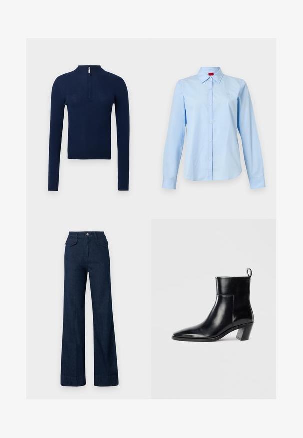 Pull côtelé bleu marine avec un col montant et une demi-fermeture éclair à l'avant. Manches longues, tissu texturé et coupe ajustée.; Chemise bleu clair à manches longues avec col pointu et petit logo sur la poitrine gauche, présentée sur un fond blanc uni.; Jean en denim à jambes larges de couleur bleu foncé avec une taille haute, fermeture à boutons devant et deux poches arrière. Texture lisse et coupe ajustée.; Bottine en cuir noir avec un bout pointu, un talon empilé géométrique et une languette à l'arrière. Texture lisse et design épuré.