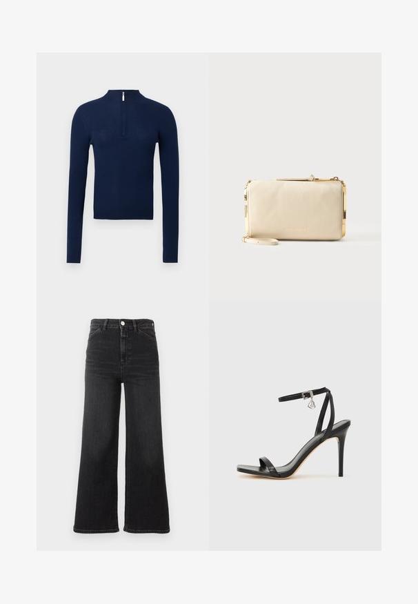 Pull côtelé bleu marine avec un col montant et une demi-fermeture éclair à l'avant. Manches longues, tissu texturé et coupe ajustée.; Jean en denim noir taille haute avec jambes larges, fermeture par bouton et zip, et poches avant.; Sandale à talon haut noire avec une bride étroite à la cheville, bout carré, cuir lisse et accent de boucle métallique.; Pochette bracelet en cuir beige texturé avec garniture en métal doré et fermeture éclair, dotée d'une petite sangle et d'un logo de marque subtilement embossé.