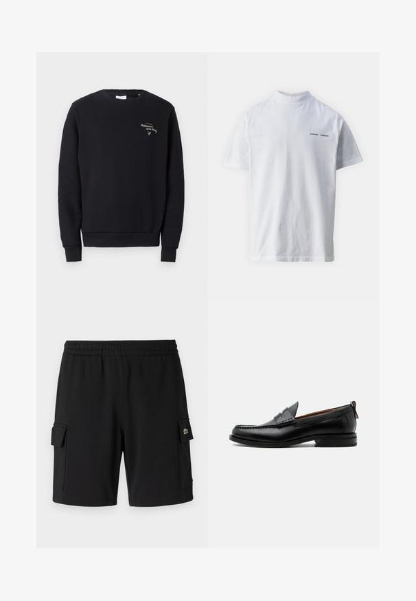 Schwarzes Sweatshirt aus Baumwolle, mit Rundhalsausschnitt, gerippten Bündchen und Saum sowie goldener, gestickter Schrift auf der Brust.; Weißes Baumwoll-T-Shirt mit hohem Ausschnitt und kurzen Ärmeln. Mit schwarzem "SAMSØE SAMSØE" Logo auf der Vorderseite. Glatte Textur.; Schwarze Shorts aus weichem Stoff, mit elastischem Bund, zwei seitlichen Cargo-Taschen und einem kleinen Logo-Patch auf einer Tasche.; Schwarzer Leder-Herrenschuh mit Mokassinnaht, Penny-Riemen, strukturiertem Kragen und niedrigem gestapeltem Absatz auf weißem Hintergrund.