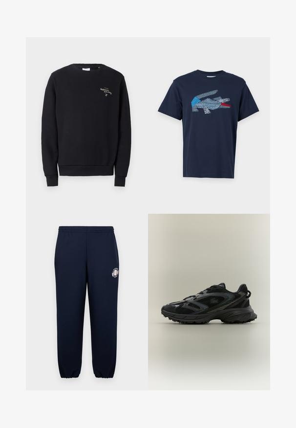 Schwarzes Sweatshirt aus Baumwolle, mit Rundhalsausschnitt, gerippten Bündchen und Saum sowie goldener, gestickter Schrift auf der Brust.; Lacoste T-Shirt print - dark blue; Navyblaue Sweatpants aus weichem Baumwollmaterial mit elastischen Bündchen und Bund. Mit einem weißen Lacoste Paris Logo auf dem linken Bein.; Schwarzer Sportschuh mit Netz панели, einer strukturierten Sohle, Schnürsenkeln und einer geschwungenen Silhouette mit silbernen Akzenten an den Seiten.