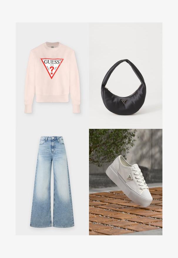 Sweat-shirt rose clair à manches longues avec un logo triangulaire bordé de rouge affichant "GUESS U.S.A." et un point d'interrogation rouge au centre.; Jean large coupe droite bleu clair en denim. Présente une taille haute, une fermeture par bouton et un léger délavage, avec des jambes droites et larges.; Baskets en toile blanche à semelle épaisse avec un logo triangulaire en métal, présentées en suspension au-dessus d'un sol en planches de bois et de petits graviers.; Sac à main en satin noir avec une forme courbée, doté d'une fermeture à glissière et d'un logo triangulaire en métal à l'avant. Texture lisse et design épuré.