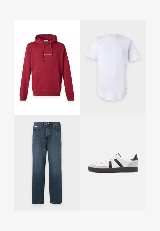 Rød bomulds hoodie med en frontlomme, snor i hætten, ribbede manchetter og broderet "Originals Studio" logo på brystet.; Hvid kortærmet t-shirt lavet af bomuld. Rund halsudskæring med en buet kant. Etiket synlig på nederste venstre side. Glat tekstur.; Mørkeblå denimbukser med lige pasform, fem lommer, bæltestropper og lynlås. Glat tekstur med subtile blegede detaljer.; Hvide sneakers med sorte og grå detaljer, med en tekstureret grå tåhætte, sort gummisål og flade hvide snørebånd. Rent design, minimalistisk stil.