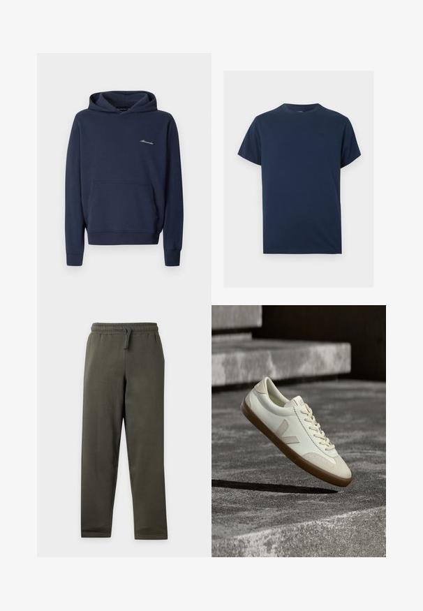Sweat à capuche bleu marine avec poche kangourou à l'avant et petit logo blanc "Abercrombie" sur le côté gauche de la poitrine, présenté sur un fond uni.; T-shirt bleu marine à manches courtes et col rond avec un petit logo brodé discret sur le côté gauche de la poitrine.; Pantalon vert foncé à taille élastique avec cordon, jambes droites et sans poches visibles, présenté sur un fond clair uni.; Baskets en cuir blanc avec semelle en caoutchouc beige, lacets plats et accent en forme de V sur le côté. Présentent une surface lisse et peu de détails de couture.