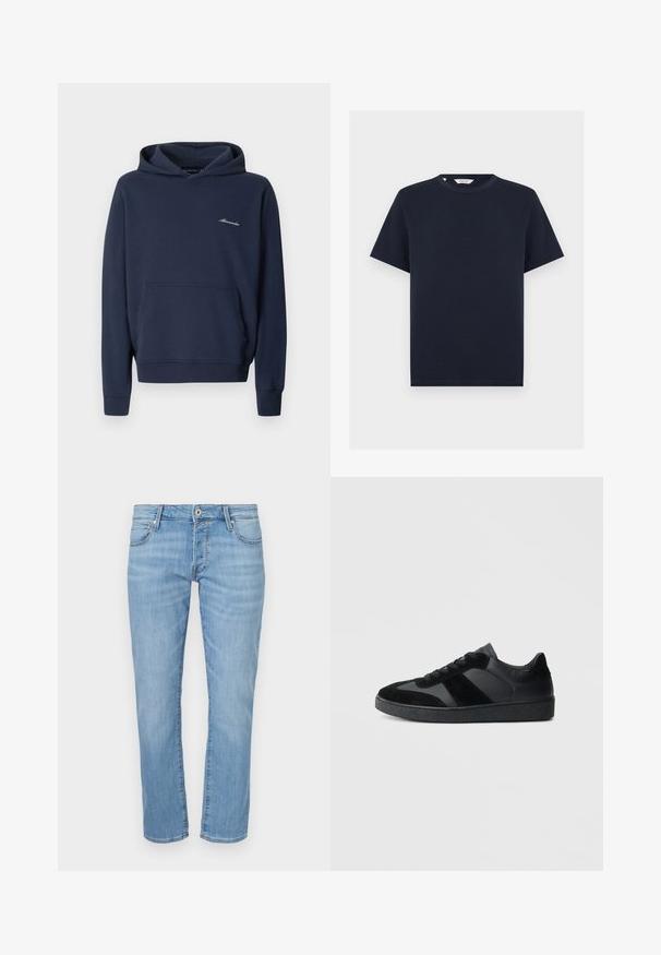 Sweat à capuche bleu marine avec poche kangourou à l'avant et petit logo blanc "Abercrombie" sur le côté gauche de la poitrine, présenté sur un fond uni.; T-shirt bleu marine à manches courtes avec col rond et ourlet droit, présenté sur fond blanc.; Jean en denim bleu clair avec une coupe droite, doté d'une braguette zippée, de cinq poches et d'une texture subtilement délavée. Taille mi-haute.; Baskets noires combinant cuir lisse et daim, avec une semelle en caoutchouc noire texturée et un détail de rayures discrètes.