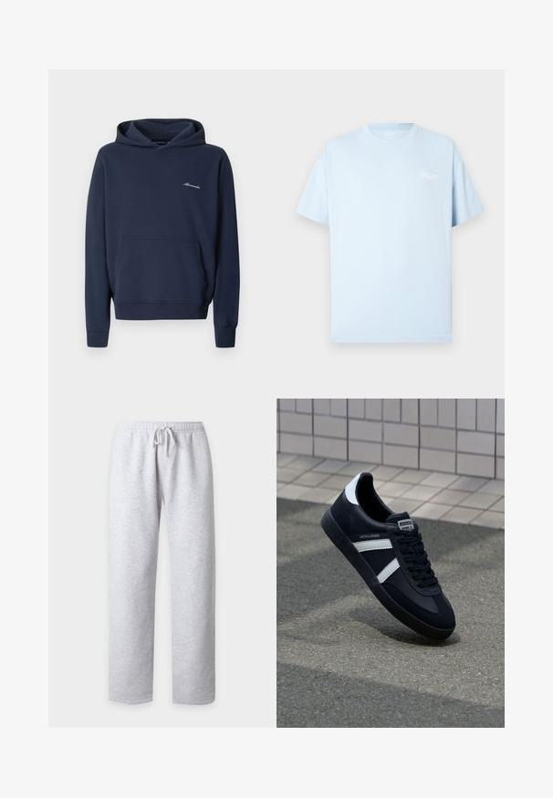 Sweat à capuche bleu marine avec poche kangourou à l'avant et petit logo blanc "Abercrombie" sur le côté gauche de la poitrine, présenté sur un fond uni.; T-shirt en coton bleu clair avec manches courtes, col rond, et texte de logo blanc sur le côté gauche de la poitrine. Texture lisse, coupe décontractée.; Pantalon de survêtement gris clair avec taille élastique et cordon de serrage à l'avant, coupe droite, présenté sur un fond uni.; Sneaker en cuir noir avec des rayures blanches, semelle en caoutchouc texturée et devant à lacets. Présente une étiquette de marque sur la languette.