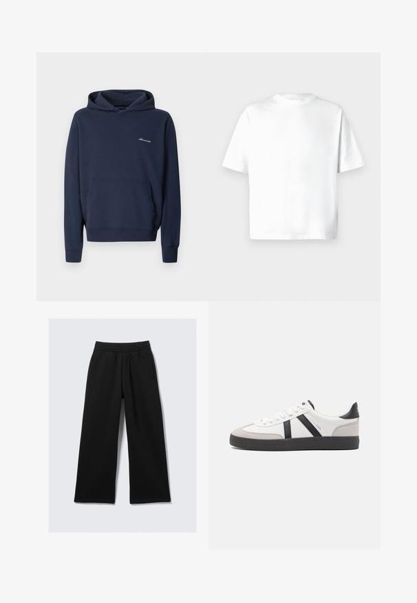 Sweat à capuche bleu marine avec poche kangourou à l'avant et petit logo blanc "Abercrombie" sur le côté gauche de la poitrine, présenté sur un fond uni.; T-shirt blanc à manches courtes en coton doux, doté d'un col rond et d'une coupe décontractée sans motifs ni graphiques. Texture lisse.; Pantalon noir à jambes larges avec une taille élastique, deux poches latérales et une texture lisse. Conçu pour le confort et la liberté de mouvement.; Baskets blanches avec des accents noirs et gris, présentant un embout texturé gris, une semelle en caoutchouc noir et des lacets plats blancs. Design épuré, style minimaliste.