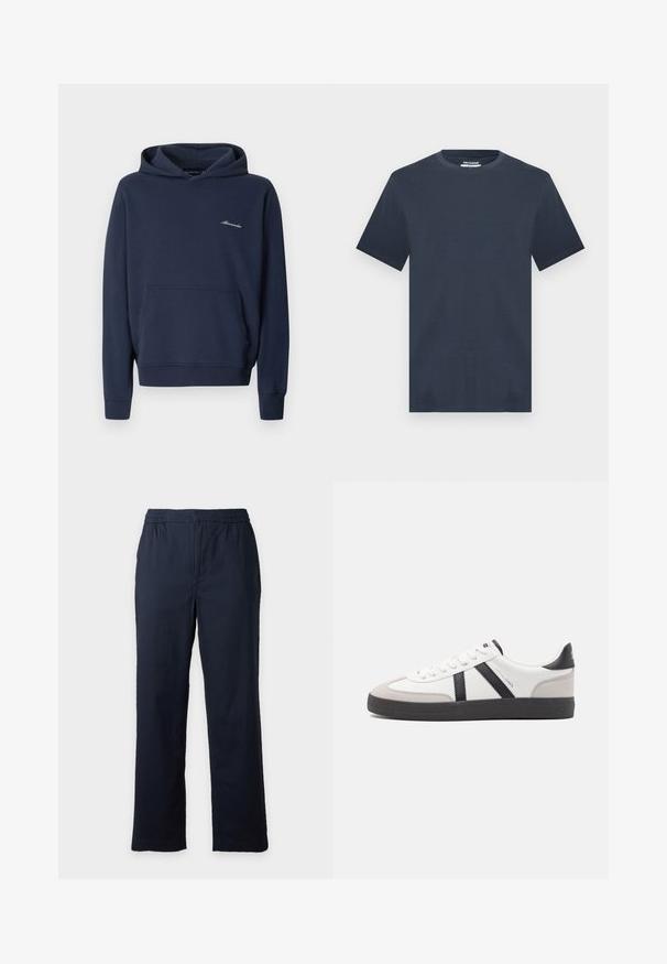Sweat à capuche bleu marine avec poche kangourou à l'avant et petit logo blanc "Abercrombie" sur le côté gauche de la poitrine, présenté sur un fond uni.; T-shirt bleu marine à manches courtes et col rond, coupe décontractée, présenté sur un fond gris clair.; Pantalon bleu marine droit avec taille élastique, sans poches ni boutons visibles, présenté sur un fond clair uni.; Baskets blanches avec des accents noirs et gris, présentant un embout texturé gris, une semelle en caoutchouc noir et des lacets plats blancs. Design épuré, style minimaliste.