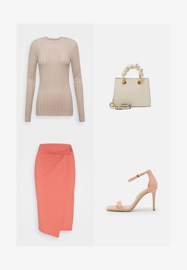 Pull beige à manches longues avec un motif texturé, doté d'un col rond et de poignets côtelés. Fabriqué dans un tissu doux et léger.; Anna Field by Zalando Jupe crayon - red; Sandale à talons nud avec un bout carré, dotée d'une seule lanière pour les orteils et d'une lanière de cheville maintenue par une boucle en or. Texture en cuir lisse.; ALDO BILITHA - Sac à main - bone/gold-coloured