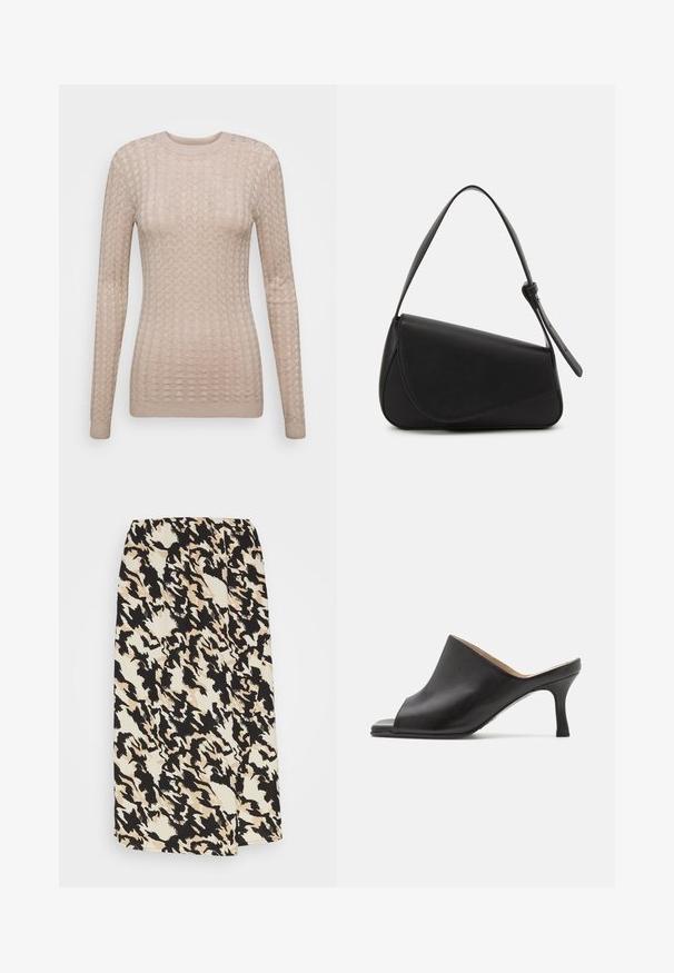 Suéter beige de manga larga con un patrón texturizado, que presenta un cuello redondo y puños acanalados. Fabricado en una tela suave y ligera.; Vero Moda VMNORA CALF TIE SKIRT - Falda cruzada - oatmeal/nora; Selected ASHLEY - Mules de tacón - black; Bolso de mano de cuero negro con forma triangular, tapa en ángulo y un asa superior redondeada. Presenta una textura suave y detalles de diseño minimalistas.